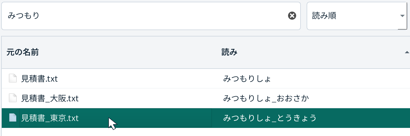 実際の検索欄に「みつもり」と入力し、見積書が3件に絞り込まれた画面。